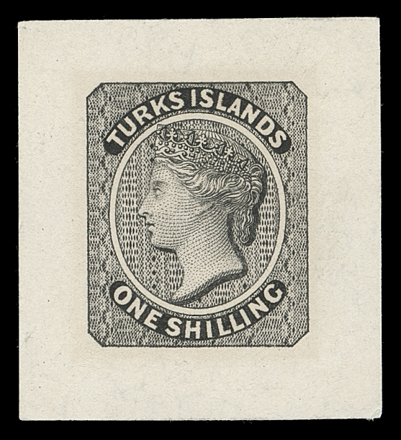 TURKS ISLANDS  3,Perkins Bacon engraved large die proof in black on card mounted india paper 32 x 35mm, in remarkably choice condition, XF; one of only six known examples, one of which is in the Royal Collection. (SG 3)