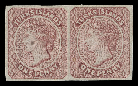 TURKS ISLANDS  1 variety,Perkins Bacon imperforate plate proof pair in the issued colour on unwatermarked wove paper; right stamp shows the constant "Throat Flaw" plate variety (Pos. 24). A unique pair with the variety, originating from the single sheet of 30 printed, VF (SG 1 + 1a proof)