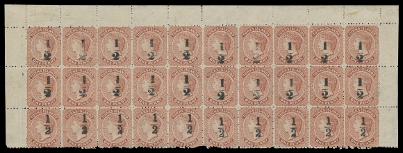 TURKS ISLANDS  9, 11,Surcharged full sheet of thirty, no lower margin as customary for surcharging. The complete setting of fifteen repeated twice on the sheet, consisting of top two rows with Gibbons Type 9 and bottom row with Type 11 surcharge, minor perf flaw from irregular perforation at bottom centre, light crease through last column, full original gum with about half the stamps NEVER HINGED, ideal for exhibition, Fine+ OG / NH (SG 17, 18, 18b)The constant "Throat Flaw" plate variety can be seen at Position 24 (R. 3/4).