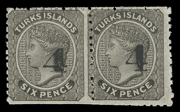 TURKS ISLANDS  33-34,Se-tenant surcharged mint pair showing Gibbons Types 29 & 30, clipped perfs at foot, remarkably fresh with full original gum; pencil signed Sergio Sismondo, very seldom seen se-tenant, Fine LH (SG 43, 44)