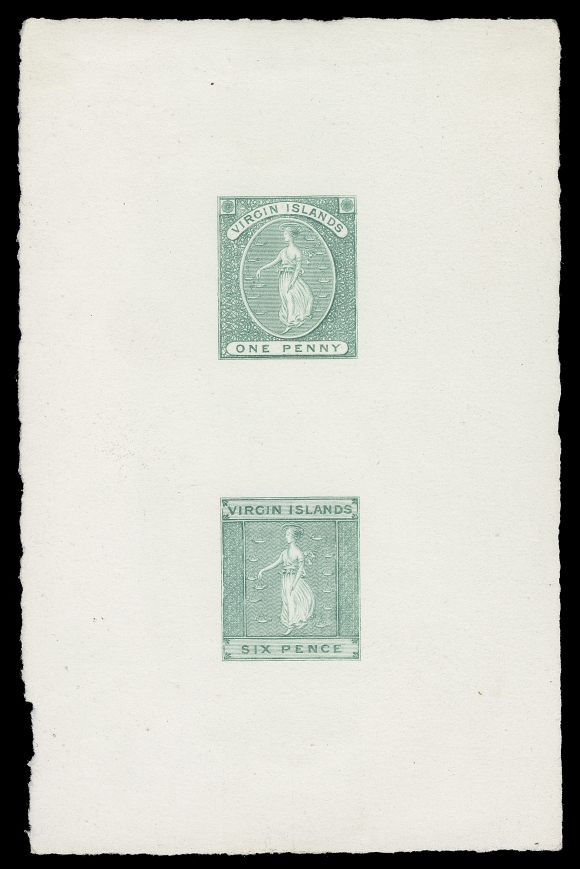VIRGIN ISLANDS  1, 2,Compound die proof of One penny and Six Pence, engraved, printed in bright bluish green on soft card measuring 73 x 112mm, in choice condition, most striking and very scarce, VF (SG 1, 3)