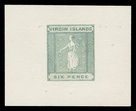 VIRGIN ISLANDS  2,Engraved die proof in bright bluish green (in the colour of the issued One penny) from the compound die, on thick soft card 50 x 40mm, attractive, VF (SG 3)