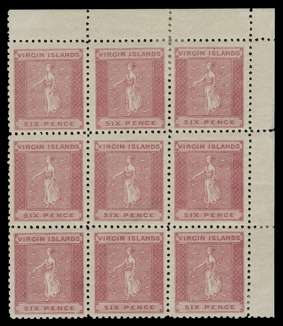 VIRGIN ISLANDS  2,A beautiful mint corner margin block of nine (Pos. 3-5 / 13-15), well centered and fresh with full original gum, four stamps are NH. Shows four different lithographic plate flaws (according to the S.A. Brown plating guide and briefly annotated in Robson Lowe British Empire handbook Volume VI, page 164) on Positions 4, 9, 10 and 14, scarce and attractive, VF LH / NH (SG 7)