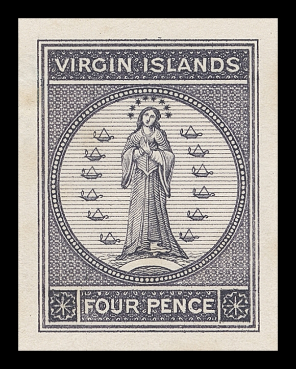 VIRGIN ISLANDS  5,Large Engraved Die Essay in violet black 102 x 134mm showing the full die sinkage, background composed of fine horizontal lines with six lamps visible on both sides; light overall foxing mostly on reverse. A very rare essay of this classic stamp ideal for exhibition, Fine (SG 15) A similar die essay with noticeable overall soiling sold for £2,900 hammer in 2004.
