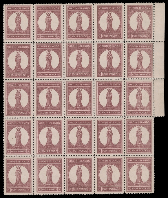 VIRGIN ISLANDS  5a,Mint sheet of 25 stamps, almost no sheet margins, minor perf separation at top, otherwise in an excellent state of preservation, well centered with fresh colour, full original gum, hinged to lightly hinged mostly along top and bottom rows, fifteen stamps are NEVER HINGED. A great item showing all constant plate flaws - according to S.A. Brown plating article and brief described in Robson Lowe British Empire Volume VI handbook on page 166; they are found on ten different positions including the Pos. 11 Major Break of UR frame, VF OG / NH, rarely seen (SG 15)