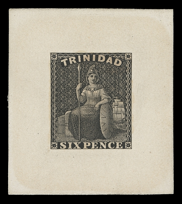 TRINIDAD 15, 16, 17,An extraordinary set of three engraved Perkins Bacon Die Proofs, printed in black on india paper, stamp-size mounted on card. Extremely rare - as according to Sir John Marriott, the leading authority on Trinidad, a mere three sets exist. A "must-have" for any serious "Britannia" or Trinidad collection, F-VF (SG 25, 28, 29 die proofs)
Expertization: One shilling with 1983 BPA certificate
Provenance: British West Indies, Robson Lowe, London, May 1981; Lot 1374 & Lot 1375 for the 6 pence and 1 shilling respectively
Peter Jaffé British West Indies, October 2006; Lot 1721, 1722, 1723
It is interesting to observe that no plate proofs in black are known of the Britannia 4p, 6p and 1sh denominations.