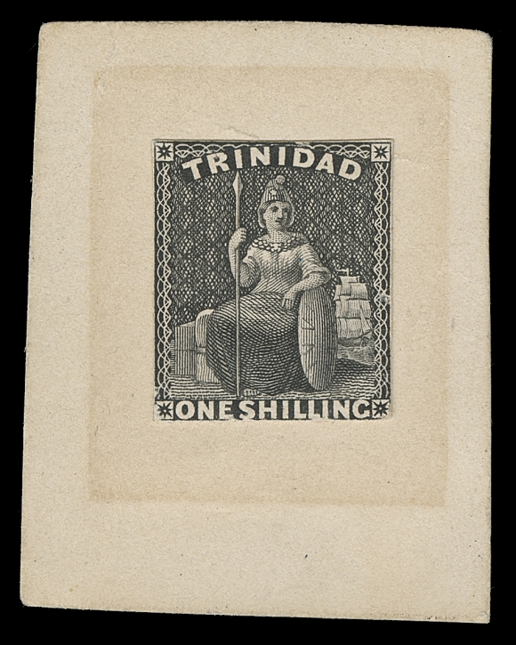 TRINIDAD  15, 16, 17,An extraordinary set of three engraved Perkins Bacon Die Proofs,  printed in black on india paper, stamp-size mounted on card.  Extremely rare - as according to Sir John Marriott, the leading  authority on Trinidad, a mere three sets exist. A "must-have" for any serious "Britannia" or Trinidad collection, F-VF (SG 25, 28, 29 die proofs)Expertization: One shilling with 1983 BPA certificateProvenance: British West Indies, Robson Lowe, London, May 1981; Lot 1374 & Lot 1375 for the 6 pence and 1 shilling respectively                   Peter Jaffé British West Indies, October 2006; Lot 1721, 1722, 1723It is interesting to observe that no plate proofs in black are  known of the Britannia 4p, 6p and 1sh denominations.