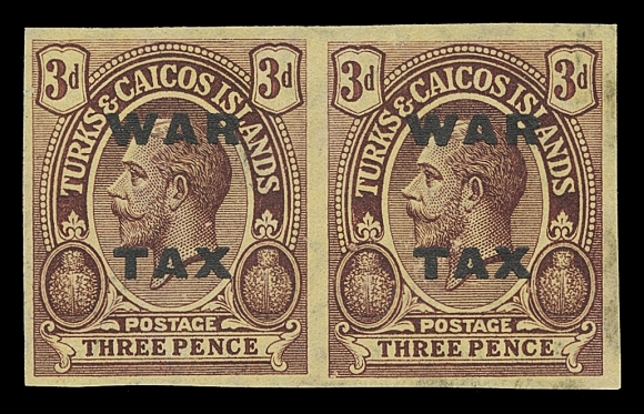 TURKS AND CAICOS ISLANDS  MR7-MR8,Two-line "WAR TAX" overprint by De La Rue & Co. (Gibbons Type 41); the set of two imperforate proof pairs on watermarked, gummed stamp paper. Both originate from individual presentation sheetlets of six, which were kept for many years by an Official of DLR and later sold to H.F. Johnson. Only six examples of each value can exist making these absolute rarities of the World War I era, VF OG; 1979 RPS of London certificates (SG 146-147 imperf proofs)