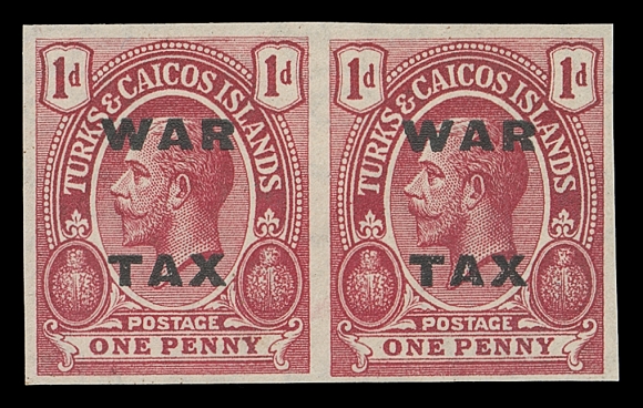TURKS AND CAICOS ISLANDS  MR7-MR8,Two-line "WAR TAX" overprint by De La Rue & Co. (Gibbons Type 41); the set of two imperforate proof pairs on watermarked, gummed stamp paper. Both originate from individual presentation sheetlets of six, which were kept for many years by an Official of DLR and later sold to H.F. Johnson. Only six examples of each value can exist making these absolute rarities of the World War I era, VF OG; 1979 RPS of London certificates (SG 146-147 imperf proofs)