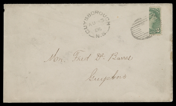 CANADA  1886 (August 3) Clean cover bearing a vertically bisected Two cent green, Montreal printing, provisionally used to pay the One cent local drop letter rate, ideally tied by an oval mute grid cancel, equally clear Guysborough, NS split ring dispatch at left. A rare bisect usage from the Interior of Nova Scotia and in unusually choice condition, Very Fine; 1998 Greene Foundation cert.  (Unitrade 36c; catalogue value $3,000+) ex. Bill Simpson (Part II, May 1996; Lot 84)Although unauthorized by Canadian postal administration, this cover demonstrates the ongoing acceptance of bisected stamps, which began during the early Colonial era throughout the Maritime Provinces, when Pence stamps were readily bisected into halves or even quarters for paying the required postal rates.