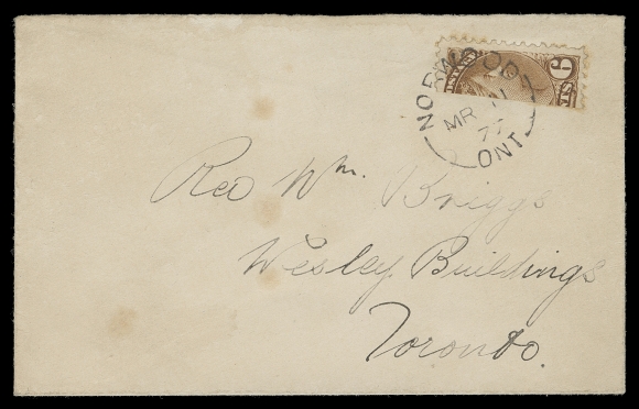 CANADA  1877 (March 11) Small cover bearing a seldom encountered vertical bisect of the 6c yellow brown, Montreal printing perf 12, used to pay the 3 cent domestic letter rate, well centered and choice, superbly tied by Norwood, Ont. MR 11 77 split ring and mailed to Toronto with clear Night MR 13 77 split ring receiver on back. A rarely seen early bisect cover originating from Ontario; most known examples originate from the Maritime Provinces. Furthermore, most that exist are bisected diagonally, VF (Unitrade 39a; cat. $5,000) Expertization: 2006 BPA certificate Due to a shortage of postage stamps at smaller post offices, bisected stamps were tolerated and permitted without penalty, even though the practice was not authorized by postal authorities.