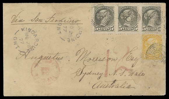 CANADA New South Wales,1877 (November 28) Manila cover mailed from Kincardine, Ontario to Sydney, New South Wales, bearing Montreal printing 5c olive green strip of three and single 1c yellow, all perf 11½x12, tied by concentric rings, Kincardine split ring dispatch CDS at left, endorsed "Via San Francisco" in manuscript with red Detroit Paid All NOV 30 transit; reverse shows neat backstamps with Hamilton NO 29 77 split ring, San Francisco DEC 6 CDS, Sydney JA 28 78 receiver and oval "Too Late" instructional marking. Couple minor aesthetic repairs to cover. An appealing and very rare pre-UPU cover to New South Wales, Fine (Unitrade 35d, 38a)
Postal rates to the Australian States were notoriously confusing to Postmasters. For example in 1877 the rate to New South Wales was 15c per half ounce, via the US. However, mail to four other Australian Colonies was 8c per half ounce. Additionally, the postal rate at that time to all Australian States via Southampton, United Kingdom as of October 1876 was 16c per half ounce. Letters such as this example were often sent with extra postage to cover cost in the event of forwarding via a different route.
