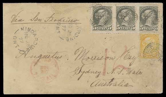 CANADA  New South Wales,1877 (November 28) Manila cover mailed from Kincardine, Ontario to Sydney, New South Wales, bearing Montreal printing 5c olive green strip of three and single 1c yellow, all perf 11½x12, tied by concentric rings, Kincardine split ring dispatch CDS at left, endorsed "Via San Francisco" in manuscript with red Detroit Paid All NOV 30 transit; reverse shows neat backstamps with Hamilton NO 29 77 split ring, San Francisco DEC 6 CDS, Sydney JA 28 78 receiver and oval "Too Late" instructional marking. Couple minor aesthetic repairs to cover. An appealing and very rare pre-UPU cover to New South Wales, Fine (Unitrade 35d, 38a)

Postal rates to the Australian States were notoriously confusing to Postmasters. For example in 1877 the rate to New South Wales was 15c per half ounce, via the US. However, mail to four other Australian Colonies was 8c per half ounce. Additionally, the postal rate at that time to all Australian States via Southampton, United Kingdom as of October 1876 was 16c per half ounce. Letters such as this example were often sent with extra postage to cover cost in the event of forwarding via a different route.

