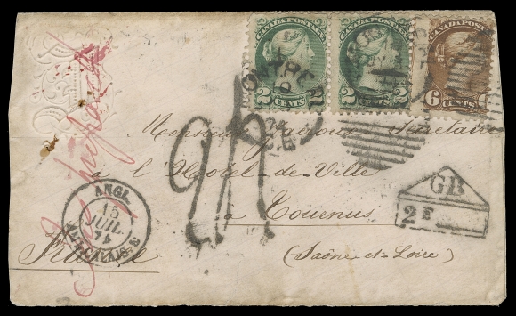 CANADA  France,1874 (July 3) Small cover with albino embossed crest at top left, mailed from Montreal to Tournus, France, slightly trimmed when opened, franked with Montreal printing 2c green pair and single 6c deep yellow brown, all perf 11½x12, pair with minor flaw at left, neatly tied by Montreal duplex dispatch, paying the 10c pre-UPU letter rate to France for a letter not exceeding a quarter ounce; London JY 13 transit on back. The letter deemed to weigh over a quarter ounce and the short-payment indicated with red manuscript "Ins. prepaid" (for Insufficiently). Rated "24" decimes (or 48 cents) to collect from the recipient as the letter was treated as totally unpaid with no credit given for the partial payment; French accountancy "GB / 2F" handstamp. A striking and excellent example of the often confusing weight scale differential between Canada and France, Fine (Unitrade 36e, 39b) ex. George Arfken (May 1997; Lot 1075)