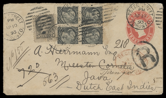 CANADA  Dutch East Indies,1893 (April 10) 3c Red postal envelope uprated with a ½c black block of four and a single 5c grey, Ottawa printings perf 12, latter has small fault at right which occurred prior to being tied by clear Peter Street / Toronto AP 10 duplex. Mailed registered to the island of Java, Dutch East Indies via London with oval London 21 AP registered datestamp in red; Weltevreden and Soekaboemi receivers. Backflap missing and some light soiling. A rare and exotic Small Queen destination cover paying the newly reduced 5 cent UPU letter rate (the 5 cent UPU surtax to the Dutch East Indies was abolished by January 1892) plus 5 cent registration, Fine (Unitrade 34, 42, EN7) 