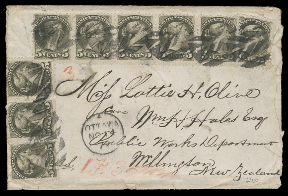 CANADA New Zealand,1879 (November 14) A stunning cover to New Zealand displaying a spectacular multiple franking of the 5c dark olive green, Montreal printing perf 12 with strips of 3 and 5 and a single tied by neat geometric corks, Ottawa dispatch CDS to Public Works Department at Wellington; blue Windsor NO 17 79 split ring, San Francisco NO 22 and Wellington 19 DE receiver backstamps. Envelope roughly opened at right with flaws affecting a couple stamps. A fabulous cover, in our opinion ranking among the most impressive Small Queen covers franked solely with 5 cent stamps. This 45 cent franking pays the triple weight 15c Non-UPU letter rate, F-VF (Unitrade 38)
Provenance: Bill Simpson, Part I, March 1996; Lot 210
"Lindemann" collection - sold privately circa. 1996-1997