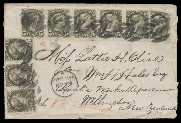 CANADA  New Zealand,1879 (November 14) A stunning cover to New Zealand displaying a spectacular multiple franking of the 5c dark olive green, Montreal printing perf 12 with strips of 3 and 5 and a single tied by neat geometric corks, Ottawa dispatch CDS to Public Works Department at Wellington; blue Windsor NO 17 79 split ring, San Francisco NO 22 and Wellington 19 DE receiver backstamps. Envelope roughly opened at right with flaws affecting a couple stamps. A fabulous cover, in our opinion ranking among the most impressive Small Queen covers franked solely with 5 cent stamps. This 45 cent franking pays the triple weight 15c Non-UPU letter rate, F-VF (Unitrade 38)

Provenance: Bill Simpson, Part I, March 1996; Lot 210 
 "Lindemann" collection - sold privately circa. 1996-1997 
