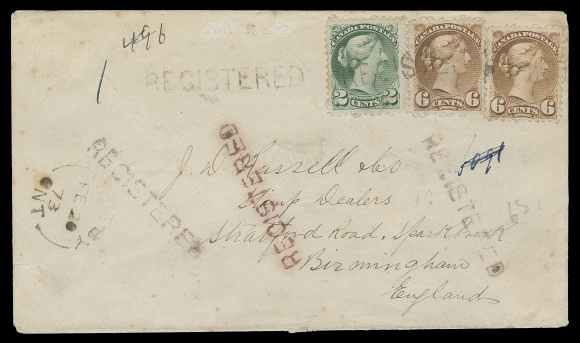CANADA  United Kingdom,1873 (February 20) Registered cover to England franked with First Ottawa printing 2c green and two 6c yellow brown, tied by light  REGISTERED straightline cancels in red, additional strikes on  cover, pays the 6 cent Allan Line plus 8 cents registration,  Whitby split ring dispatch at left, Birmingham MR 12 73 CDS receiver on back; faint traces of foxing. One of the earliest recorded registered covers to the UK bearing Small Queen stamps and a very scarce precursor to the pending issue of the 8 cent  RLS (which finally appeared in November / December 1875), F-VF  (Unitrade 36, 39 early printings) ex. John Ayre (February 1982;  Lot 770)