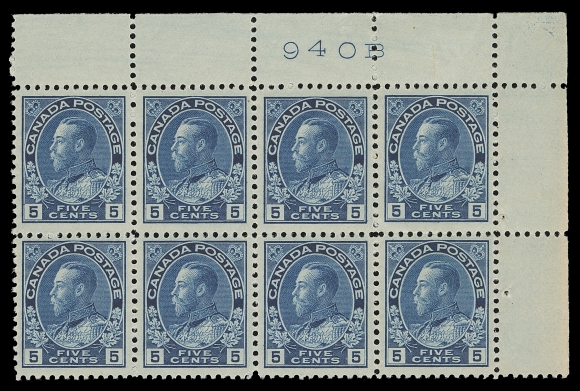 CANADA  111,Mint block of eight with upper right corner margin, top row well centered with large margins, order number "940B" (from Plate 11-14) in margin, F-VF NH (Unitrade cat. $4,160)
