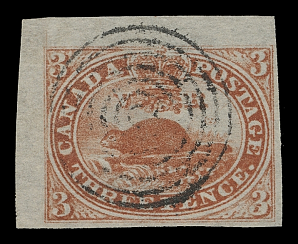 CANADA  4d,An extraordinary example of the coveted Plate A, Position 1 with large sheet margins on two sides, excellent colour and bright impression on fresh paper, ideally cancelled by central concentric rings; a wonderful stamp that will stand out in anyone