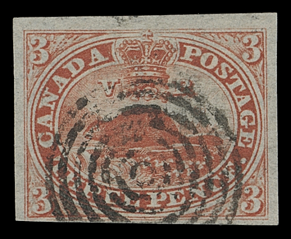 CANADA  4d, x,Used single with well clear to large margins, prominently shows the elusive STITCH WATERMARK variety, running wide and vertically at centre (easily visible without fluid), neat central concentric rings; a great stamp for the specialist, VF