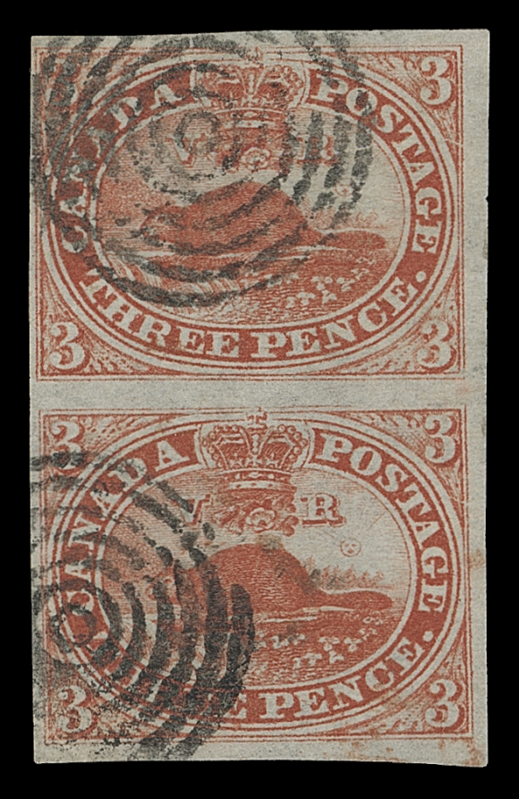 CANADA  4d,A used vertical pair with adequate to very large margins, concentric rings in black and additional light cancel in red at lower right, VF; ex. Dale-Lichtenstein (Sale 10, December 1970; Lot 216)