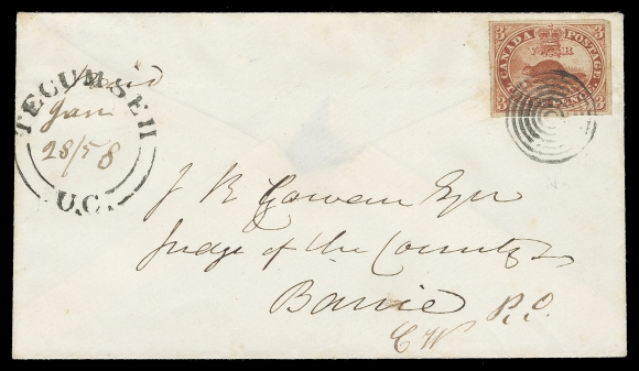 CANADA  1858 (January 28) A fresh white envelope bearing a large margined 3p red on the distinctive soft horizontally ribbed paper (Plate A; Pos. 64) neatly tied by concentric rings, superb Tecumseh, U.C. double arc dispatch at left with filled-in manuscript date, addressed to Barrie with Bradford JA 28 transit datestamp in blue and part of large circular Barrie 29 JAN 1858 arrival CDS on back; Vincent G. Greene backstamp. An outstanding cover, XF (Unitrade 4c)