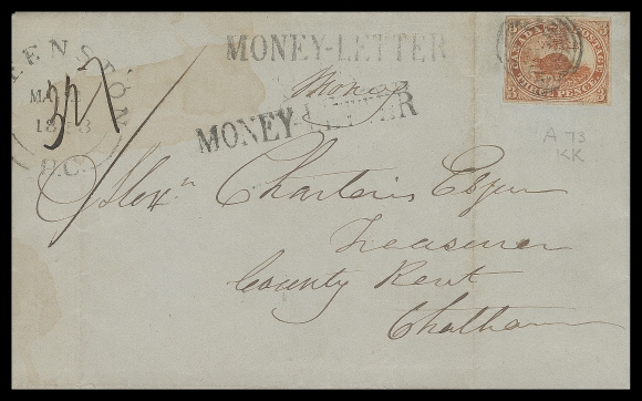 CANADA  1853 (May 2) Blue folded entire datelined "St. Davids May 1st 1853", bearing a 3p red on handmade laid paper (Plate A; Pos. 73), well clear margins and tied by concentric rings, Queenston, U.C. double arc dispatch at left, manuscript "Money" and registry number along with two MONEY - LETTER straightline handstamps struck in black, contrary to postal instructions; light cover stain at right and couple light file folds away from stamp. Pays the 3p domestic letter rate, the 1p registration fee paid in cash as customary; on reverse clear London JY 4 transit and Chatham JY 5 arrival datestamps. A very elusive usage of the 3p laid paper on a Money Letter, F-VF (Unitrade 1)Census: 17 Domestic Money Letters franked with the 3p laid paper have been compiled in the Wayne Smith census.