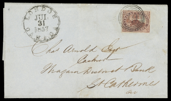 CANADA  1857 (July 31)  visually striking folded cover mailed from London to St. Catharines, U.C. bearing the distinctive 3p deep red  shade (Plate A; Pos. 78) on the very elusive so-called thin soft  brittle paper (according to C. Firby the rarest paper variety of  the 3p Beavers). Superbly tied by four-ring 