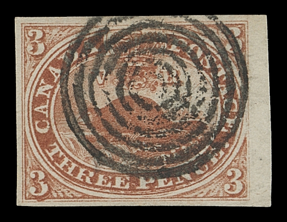 CANADA  4xiii,A lovely example with portion of sheet margin at right, well-defined concentric rings cancellation clear from most features of the Major Re-entry with prominent doubling below and through "EE PEN" of "THREE PENCE", top & bottom left "3" among other characteristics; a great stamp, VF+No imprint shows in margin as imprints on the three pence (divided plates) made their appearance following a printing order in October 1856.