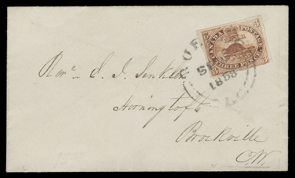 CANADA  1858 (September 25) Small cover in immaculate condition bearing a single 3p red on medium wove paper (Plate A; Pos. 85), small flaws, attractively tied by Quebec, L.C. SP 25 1858 double arc datestamp - quite unusual, addressed to Brockville with partial receiver on back, VF and pretty. (Unitrade 4)