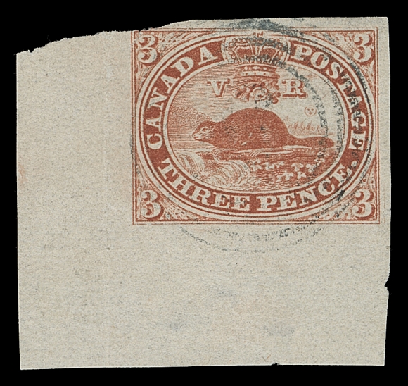 CANADA 4c, viii,A stunning corner margin example on the distinctive fragile paper, impressive 10 to 13mm sheet margins, large margins on other sides except just in at top left from irregular separation, showing a Major Re-entry with numerous small marks through most of the lettering, light indistinct four-ring numeral cancel; light pressed creasing and trivial thins entirely confined to the margins in no way detract, an impressive stamp, F-VF (Unitrade 4c, viii) ex. Charles Lathrop Pack (Part III, November 1945; Lot 37)