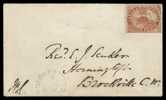 CANADA  1859 (May 6) Small white cover from Toronto to Brockville, bearing an imperforate 3p red on ribbed hard wove paper (Plate A; Position 100), well clear to large margins, prominent Short Transfer plate variety visible along entire left frame, cancelled by diamond grid with split ring dispatch at foot; next-day split ring receiver on back, F-VF (Unitrade 4iii + variety) ex. Clayton Huff (Part 2, February 1987; Lot 225)