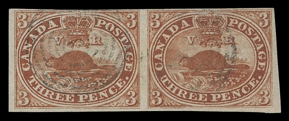 CANADA  4a,A used horizontal pair with amazing colour, clear impression, ample to large margins and light unobtrusive concentric rings, F-VF; ex. Dale-Lichtenstein (Sale 10, December 1970; Lot 157)