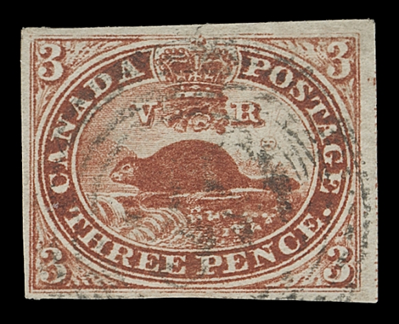 CANADA  4i variety,Used single with rich colour and bright impression, shows trace of the imprint running nearly the entire length of the right margin, also shows the documented plate variety "Full Stop 3" with large coloured dot at bottom right corner among other traits, light four-ring numeral cancel, VF