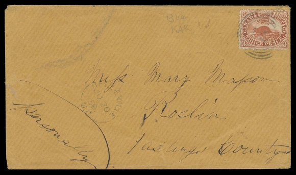 CANADA  1859 (June 20) Orange envelope bearing a quite well centered 3p orange red (Plate B; Pos. 44), perf 11¾, tiny corner crease, design clear of perforations on three sides, tied by light four-ring 