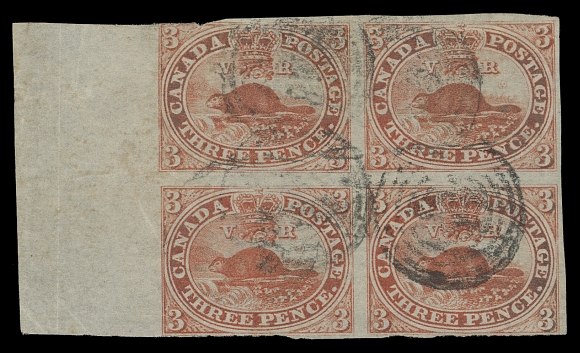 CANADA  4d, viii,A very scarce used block of four (Plate B, Pos. 41-42 / 51-52), wide (17mm) sheet margin at left, couple diagonal pressed creases, irregular separation at top left and touching outer frame at foot, especially desirable as Major Re-entry B42 is clearly shown at upper right with doubling on nearly all lettering and above "POSTAGE",  a very presentable block, Fine
