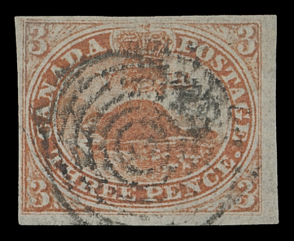 CANADA  1iv,An attractive used single showing the "VR" Re-entry, most doubling and other traits clear of the light concentric rings cancellation, ample to large margins, bright colour on flawless paper with visible laid lines. A very scarce variety on the laid paper, VF