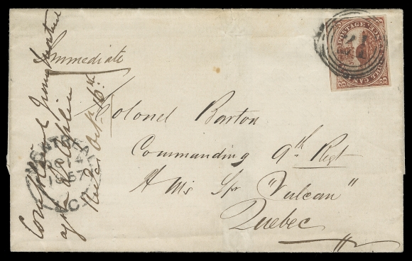 CANADA  1857 (October 14) Folded cover from Montreal to Colonel Barton, Commanding 9th Regt. H.M.S. "Vulcan" at Quebec; a Royal Navy troopship which had recently operated in the Black Sea during the Crimean War. Franked with 3p deep red on medium wove paper, adequate to very large margins, tied by four-ring 