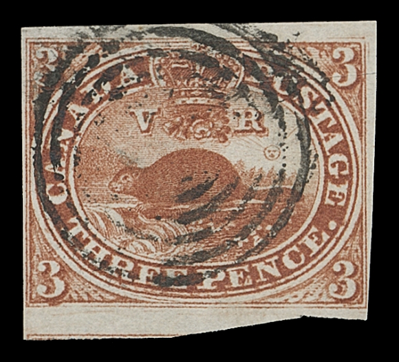 CANADA  4a, xii,Major Re-entry with distinctive doubling in various places including lower left "3" and in and below "EE PEN" of "THREE PENCE". Well clear to very large margins, rich colour and sharp impression, F-VF