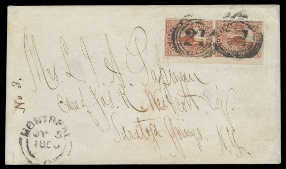 CANADA  1858 (July 5) Clean cover sent by Louis Joseph Papineau to his wife in Saratoga Springs, New York, bearing lower sheet margin 3p red pair on medium wove paper (Plate B; Positions 99 & 100), clear to large margins and showing small portion of imprint at left, tied by four-ring 