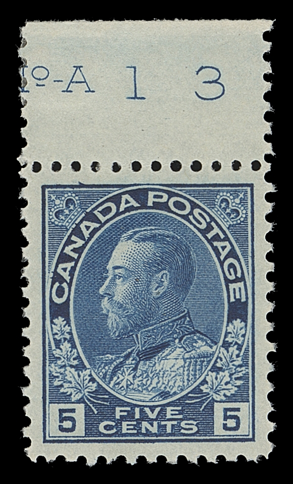 CANADA  111,A precisely centered mint example with brilliant fresh colour, showing plate "A13" in hinged margin at top, stamp with pristine original gum, XF NH; 2013 Greene Foundation certificate