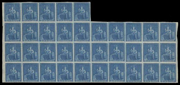 BARBADOS  2a,An impressive, irregular mint block of 35 that includes three complete rows of the sheet, area of missing gum along first two columns, otherwise large part OG LH with about half the stamps NEVER HINGED. This is THE LARGEST RECORDED MULTIPLE according to the Fitz Roett census. A wonderful item ideal for exhibition, VF OG / NH (SG 4) ex. Marshall (1947), Ambassador (2002)