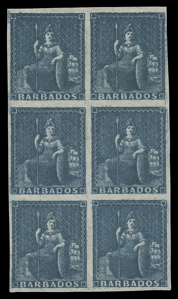 BARBADOS  3,Prepared but never issued; a choice mint block of six with rich colour and full original gum, the middle pair NH, XF LH (SG 5a)