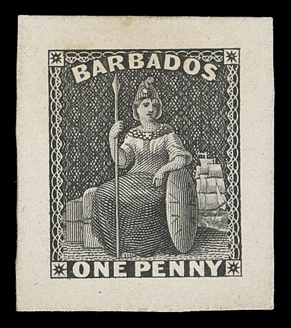 BARBADOS  45,Original Perkins Bacon engraved Die Proof in black on card mounted india paper measuring 25 x 29mm (not stamp-size). The Britannia design changed with BARBADOS imprint at top and ONE PENNY denomination at foot; an appealing and rare proof of which few exist, VF (SG 66) ex. "Olive Blossom" (Robson Lowe, November 1981; Lot 2093)