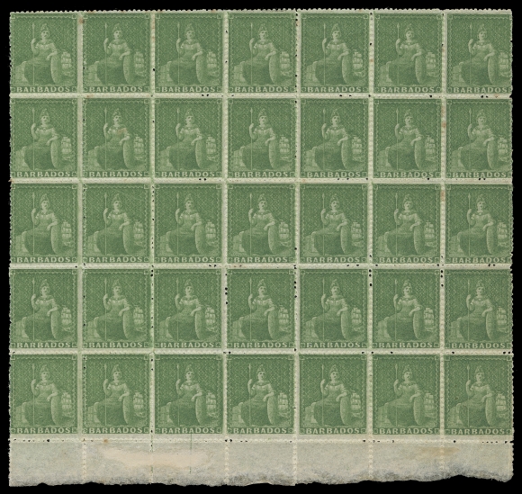 BARBADOS  15,A remarkable mint block of 35 stamps (7x5) with sheet margin at foot; a few stamps from top row and one from bottom row lightly hinged, a few perf tones mostly visible from the back and small adhesion to sheet margin, this impressive large block is in an excellent state of preservation with gorgeous colour and deep impression, most stamps are NEVER HINGED. This is the SECOND LARGEST KNOWN MULTIPLE of this very distinctive shade, VF (SG 22) ex. Edmund Bayley (1990)