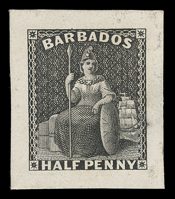 BARBADOS  44,An original Perkins Bacon engraved Die Proof in black on card mounted india paper 25 x 29mm (not stamp-size). The Britannia design changed with BARBADOS imprint at top and HALF PENNY at foot; a desirable and rare proof, VF (SG 65) ex. Colin H. Bayley (April 1993; Lot 1201)