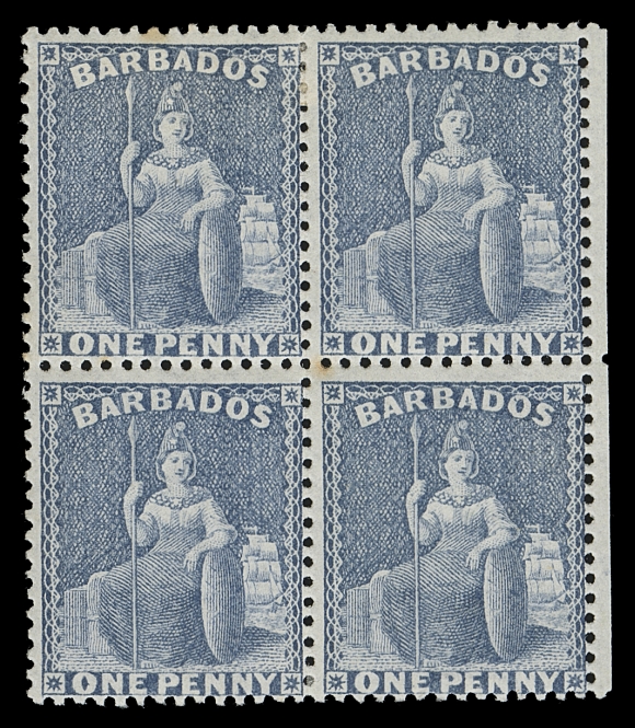 BARBADOS  51, 51b & shade,Three fresh mint blocks of four in most distinctive shades from dull blue to grey blue, full original gum, hinged to very lightly hinged. An appealing and scarce trio, Fine+ (SG 73, 74 + shade)
