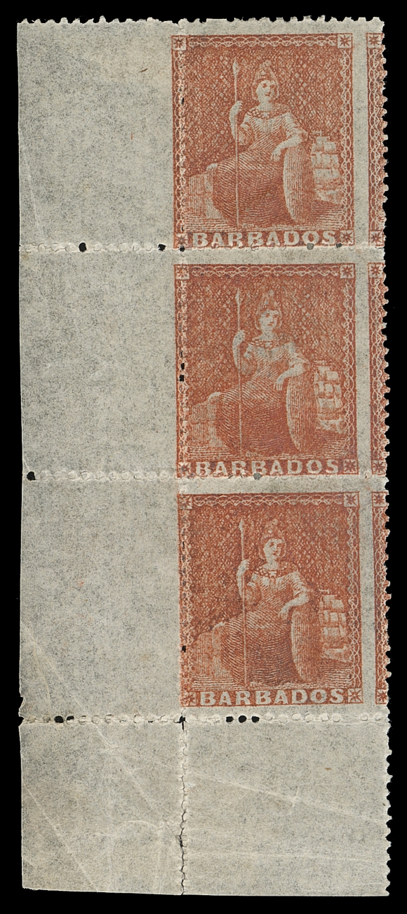 BARBADOS  18,Mint vertical strip of three from lower left corner, centered left showing portion of adjacent stamps at right, marginal creases at foot only, stamps are sound with rich colour and full original gum, a Fine and striking positional multiple of this scarcer shade. (SG 28) ex. Hodsell Hurlock (June 1958; Lot 248)