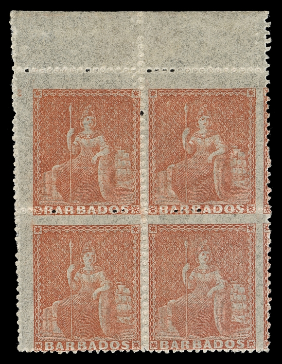 BARBADOS  18,An exceedingly rare and important block showing the plate "2" number captured in the margin of the top left stamp; minor natural gum creases quite inconsequential for this block which has lovely fresh colour and full original gum. Unquestionably, one of the great rarities of Barbados "Britannia" 1852-1881 issues, Fine+ OG / LH (SG 28)Provenance: Hodsell Hurlock, H.R. Harmer London, June 1958; Lot 247                   J.L. "Bobbie" Messenger, Robson Lowe, 1983 (sale never took place - collection sold intact to Joseph Hackmey).                   Joseph Hackmey, Feldman, April 1986; Lot 10163Census: Only one other Plate "2" piece of any shade of (4p) Britannia has been reported - a horizontal strip of six in the lake rose shade which has once graced the Marshall, Hurlock, Lickfold and Messenger collections.ONE OF ONLY TWO PLATE "2" MULTIPLES OF THE (4p) BRITANNIA IN EXISTENCE, UNIQUE AS A BLOCK IN THE SCARCER DULL VERMILION SHADE.